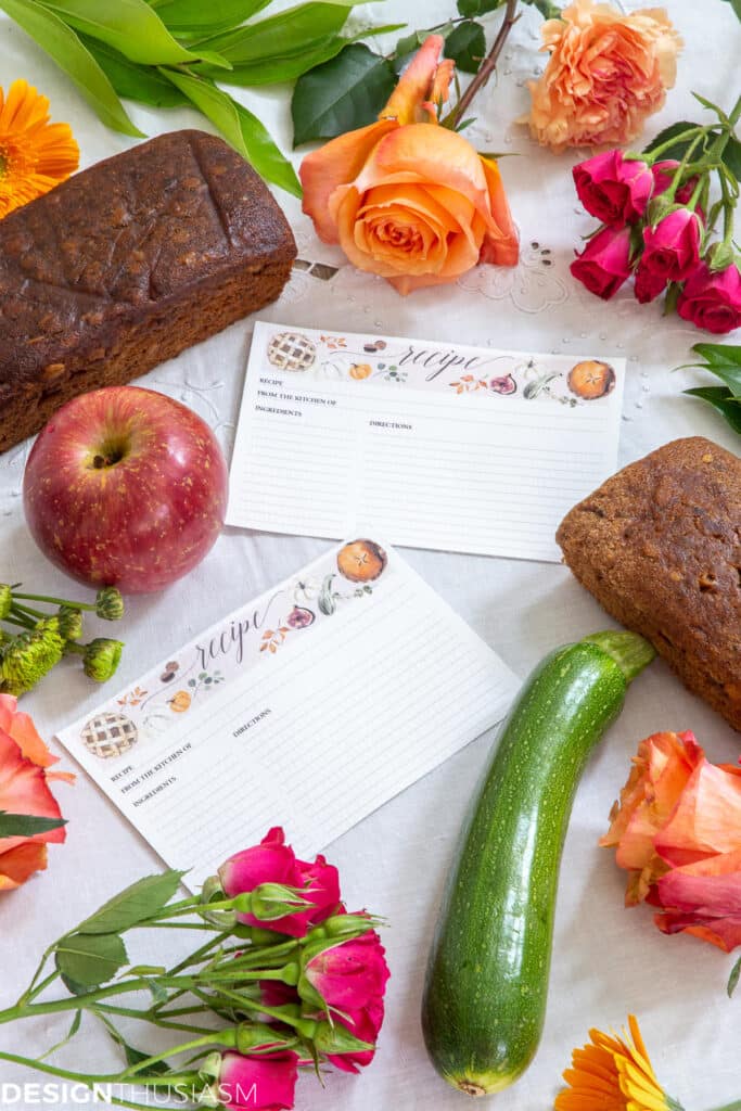 printable recipes cards with bread and flowers and an apple and zucchini
