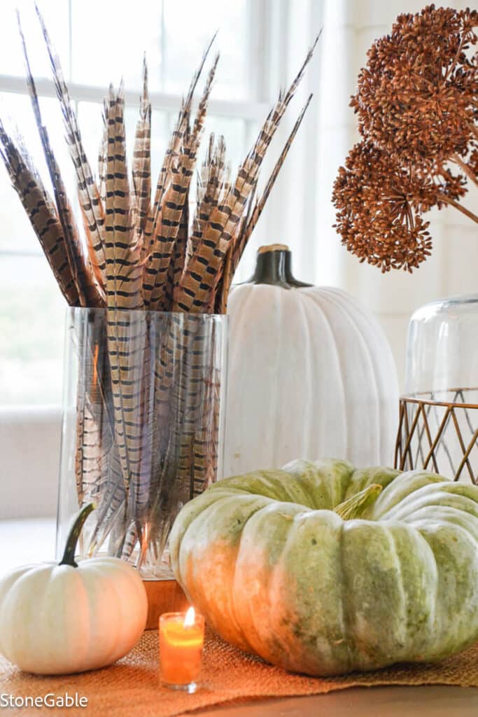 FALL DECORATION – PHEASANT FEATHERS IN A GLASS CYLINDER