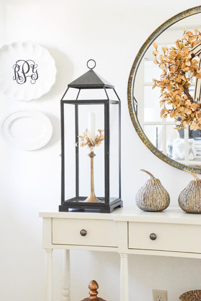 2023 FALL HOME TOUR- black lantern on a white console table
