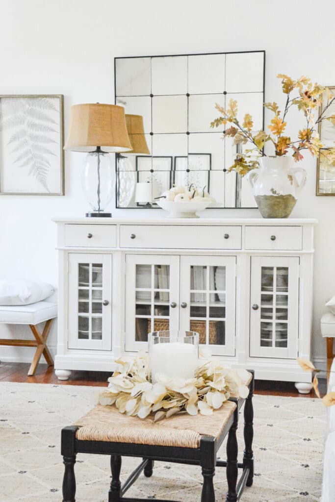 2023 FALL HOME TOUR- white buffet decorated for fall