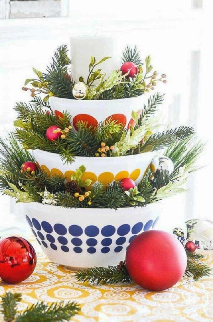 DECORATING WITH PINECONES- tiered bowls