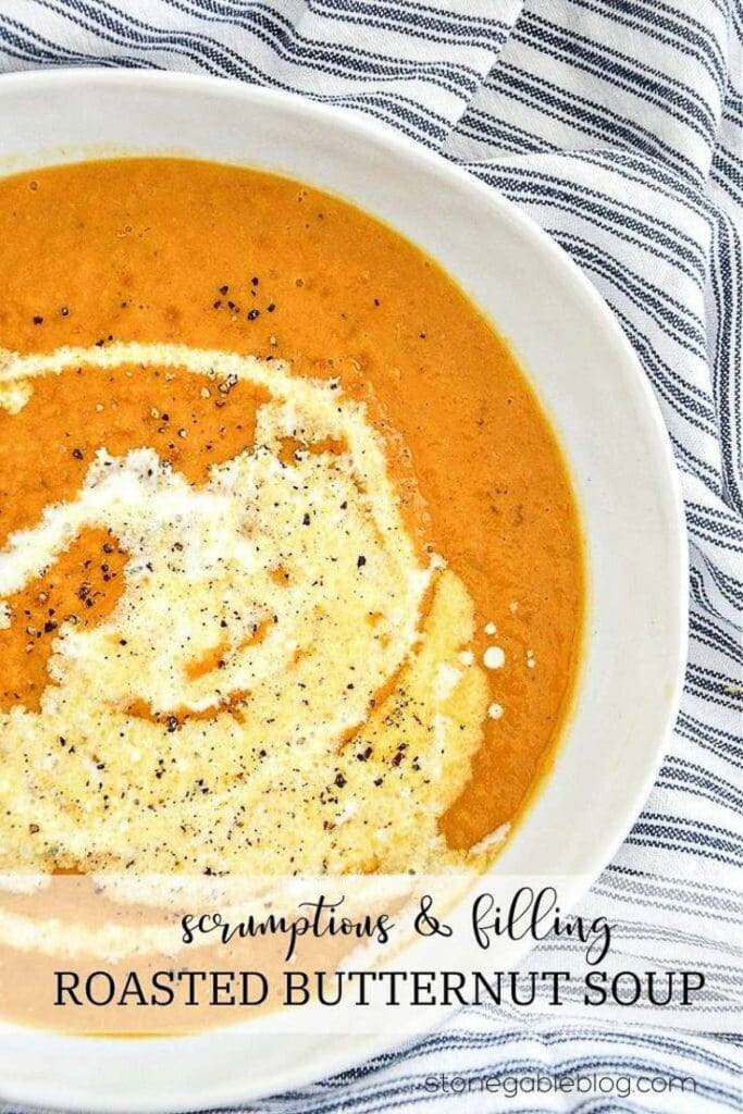 ROASTED BUTTERNUT SQUASH-roasted soup in a bowl 