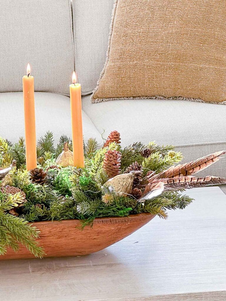 3 CHRISTMAS DOUGHBOWL CENTERPIECE- pheasant feathers in the arrangement