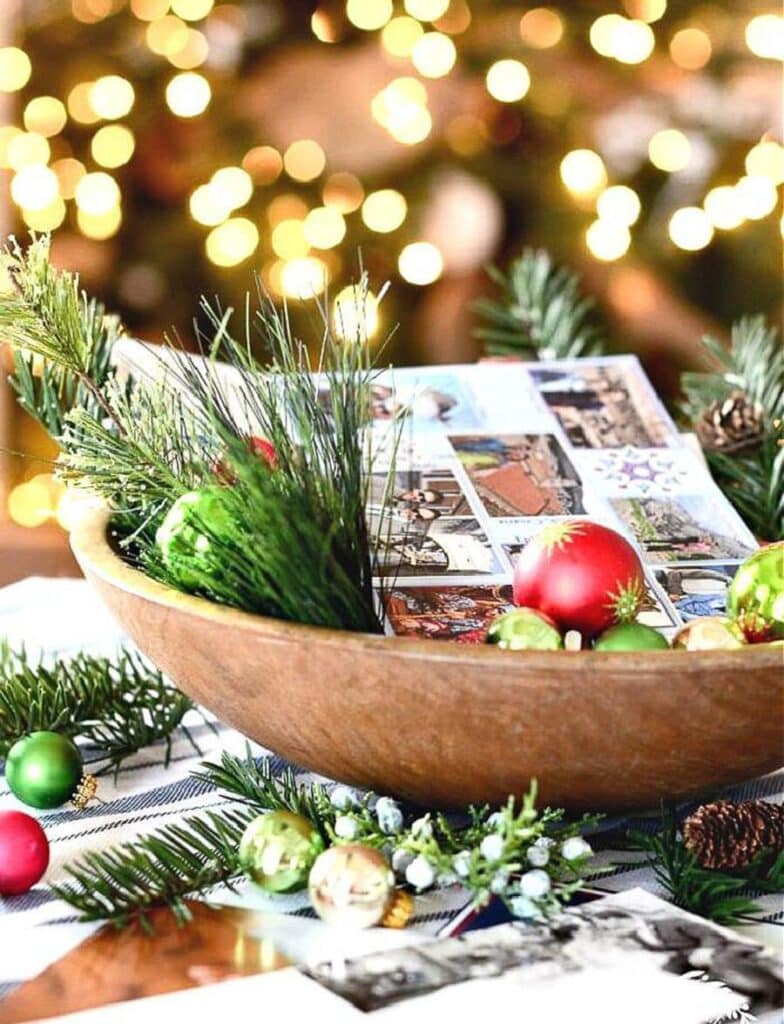 CHRISTMAS CARDS IN A WOODEN BOWL