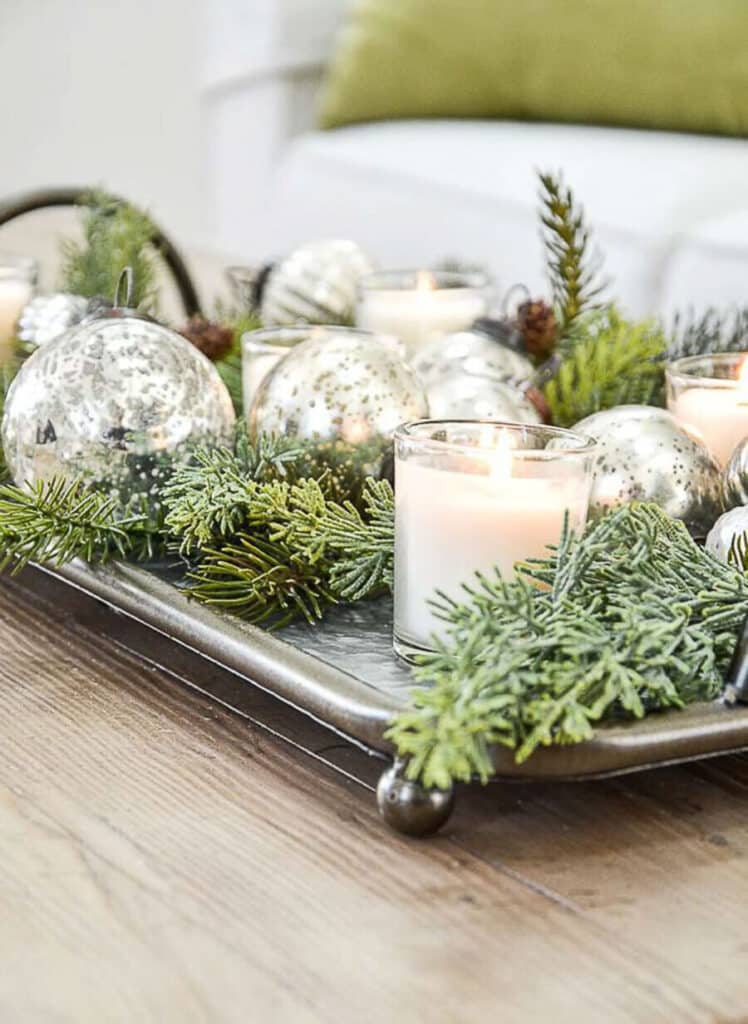 FAUX GREENS- on a tray with candles and oranements