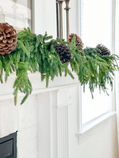 TRANSITIONAL CHRISTMAS MANTEL-pinecones wired to the garland