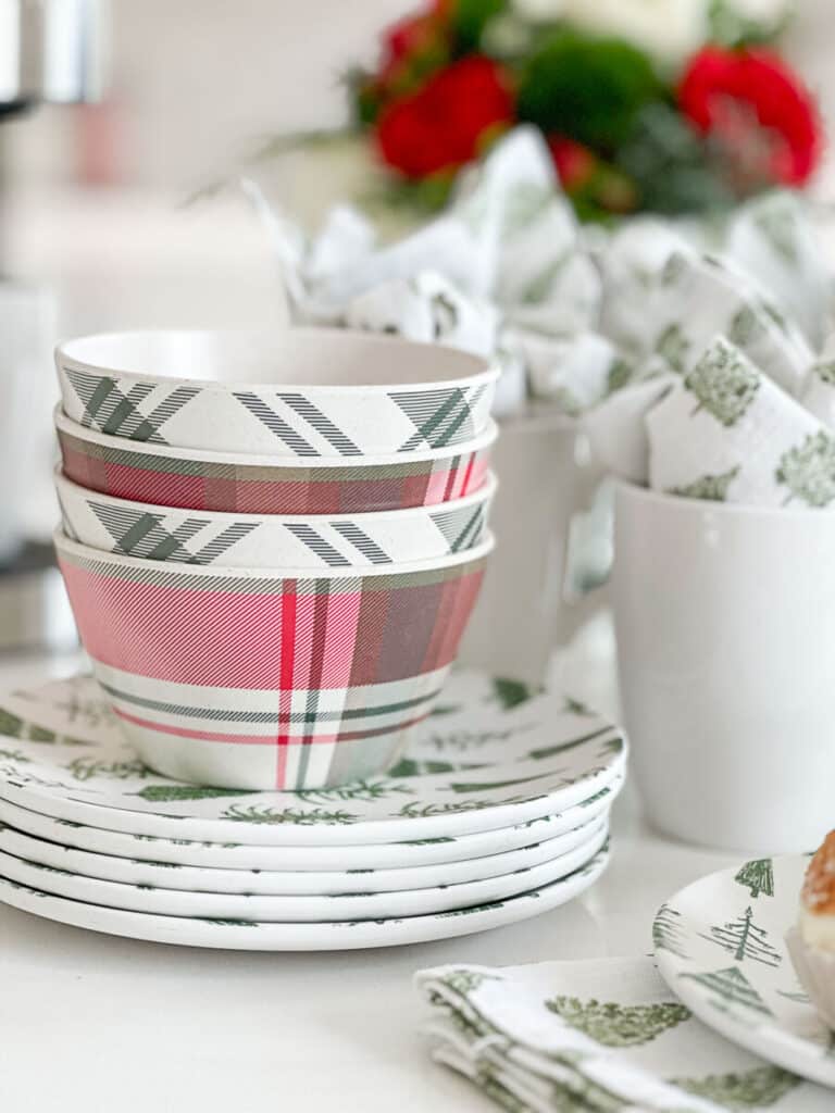 CHRISTMAS COFFEE BAR-plaid dishes and dishes with Christmas trees