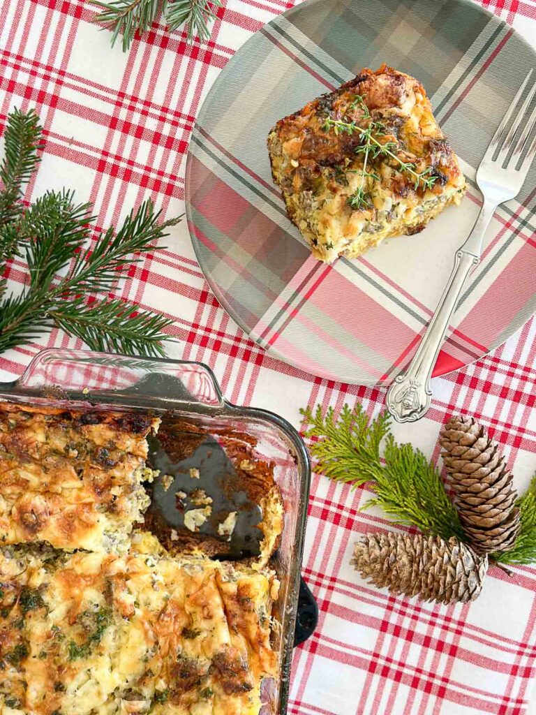 delicious Christmas breakfast casserole on a plate.