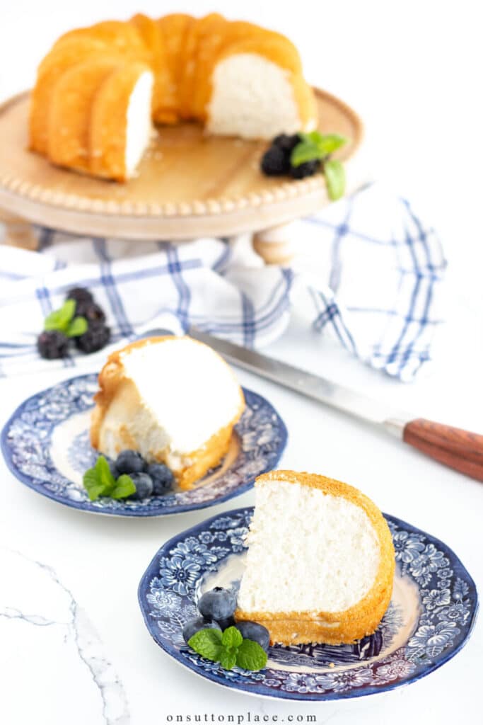 slices of angel food cake on blue and white plates