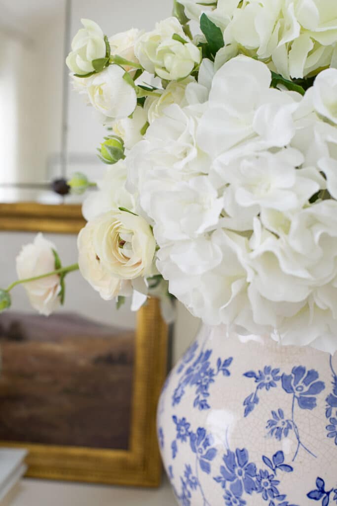 white buffet with blue and white chinoiserie- handling decorating challenges
