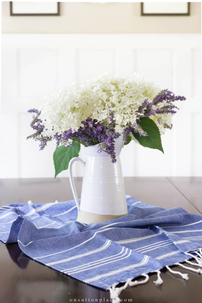 blue adn white flowers on a table