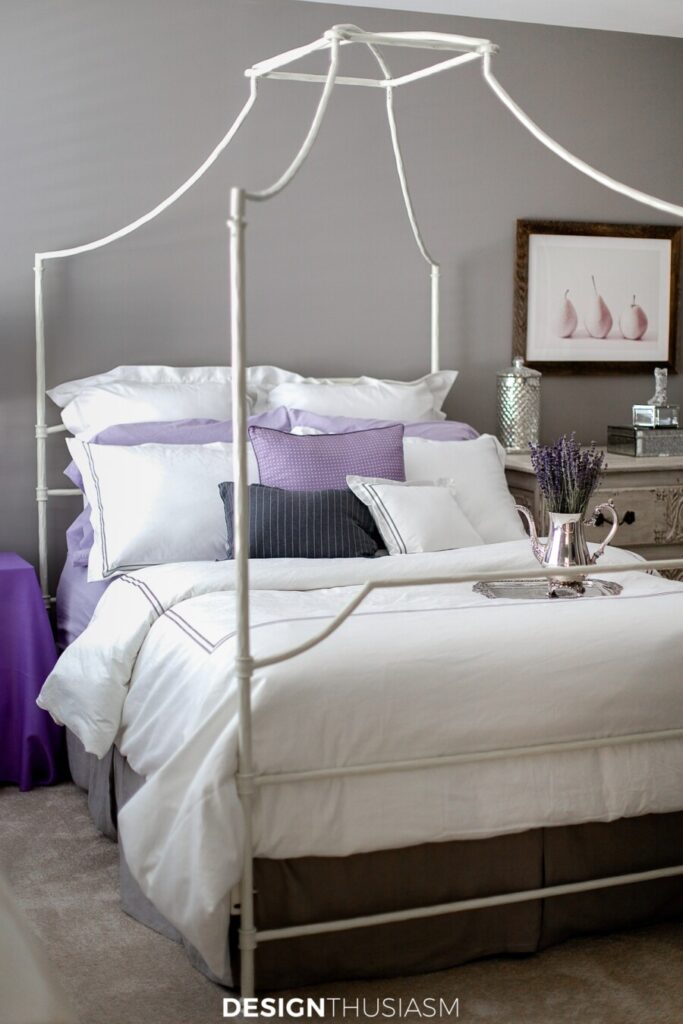 gray and lilac bedroom
