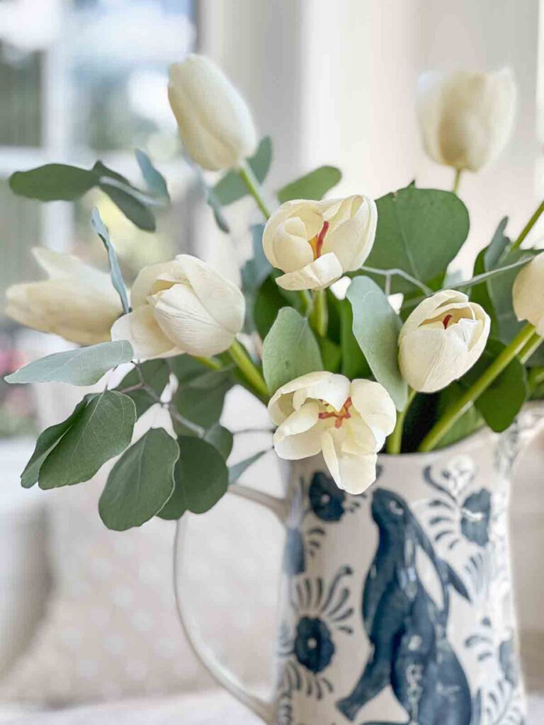 faux tulips with live cut eucalyptus