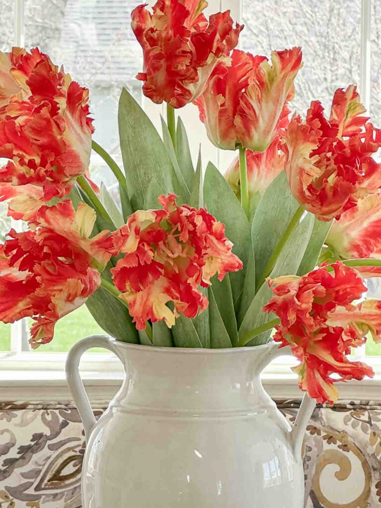 close up of faux parrot tulips