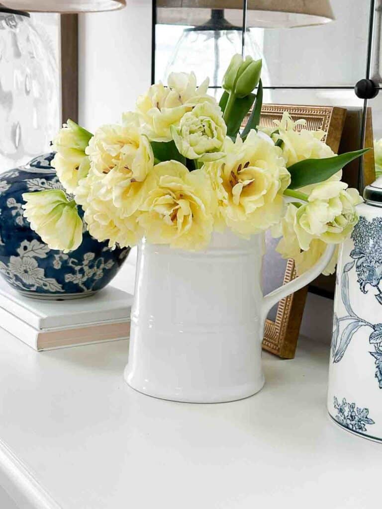 Yellow double tulips with chinoiserie
