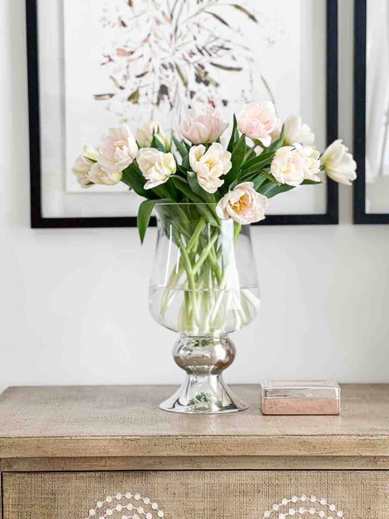 TULIPS: white double tulips in a glass ludington vase