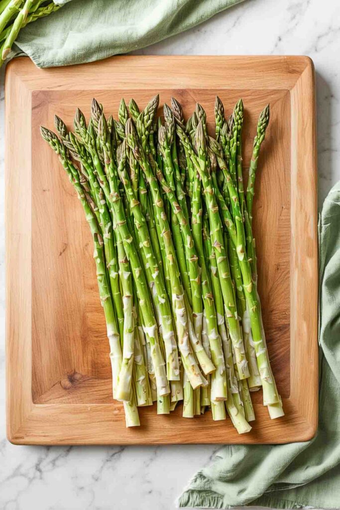 asparagus ready to be cut on a wooden board